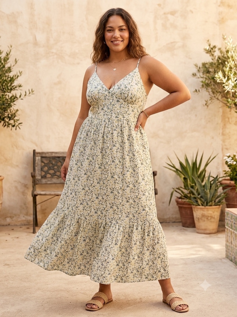 Universal Thread‎ Cream Floral Maxi Dress with Blue Print